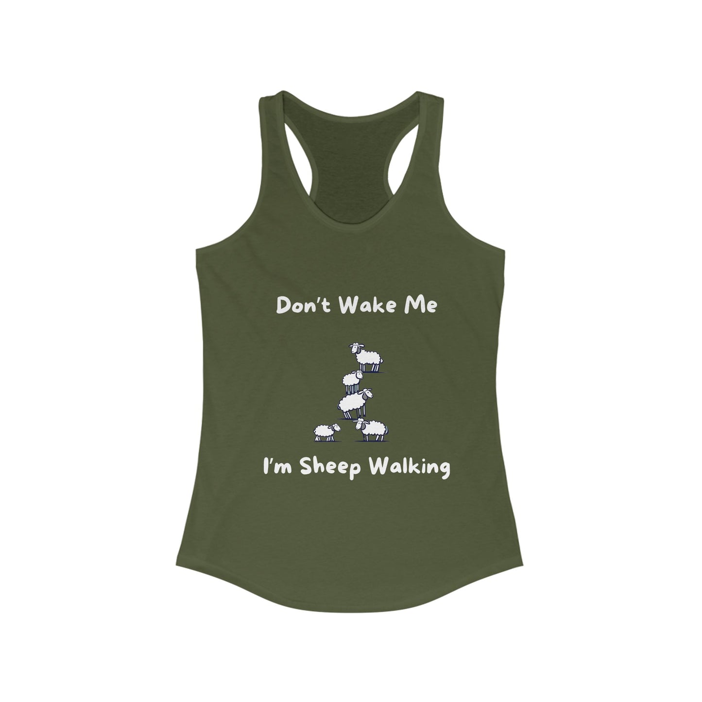 Olive green funny sheep tank top with humorous sheep walking design and text