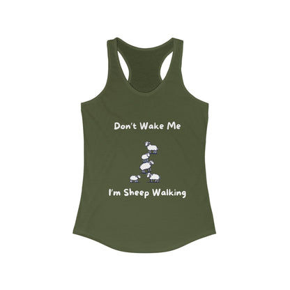 Olive green funny sheep tank top with humorous sheep walking design and text