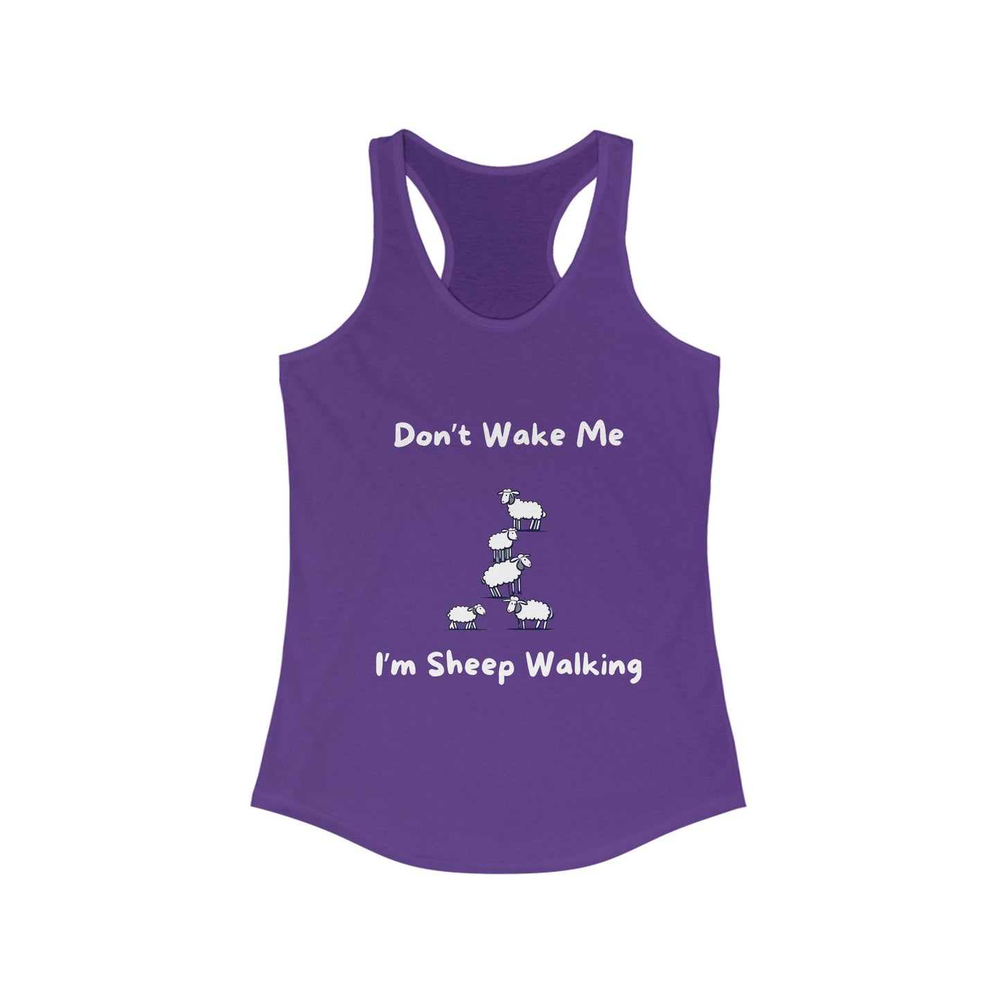 Purple funny sheep tank top with cartoon sheep and text Dont Wake Me Im Sheep Walking from Printify
