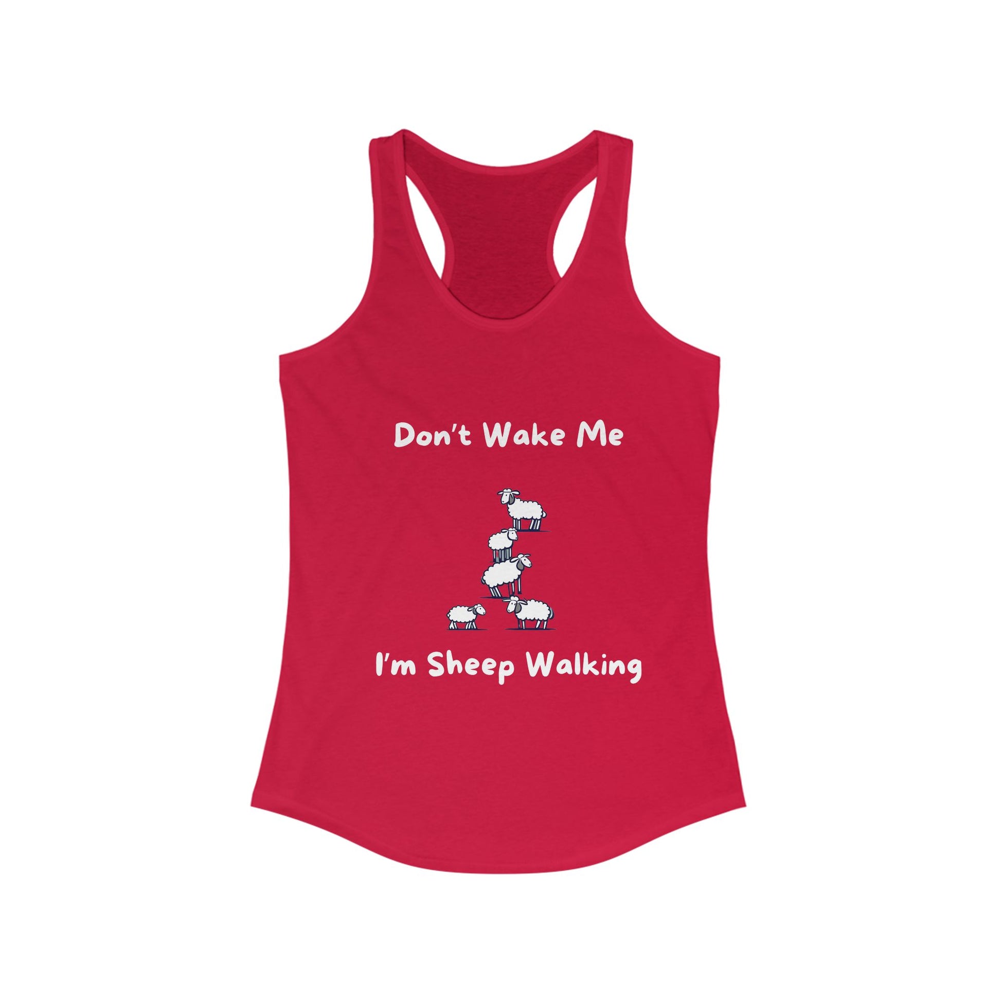 Red funny sheep tank top from Printify with humorous sheep walking design and text