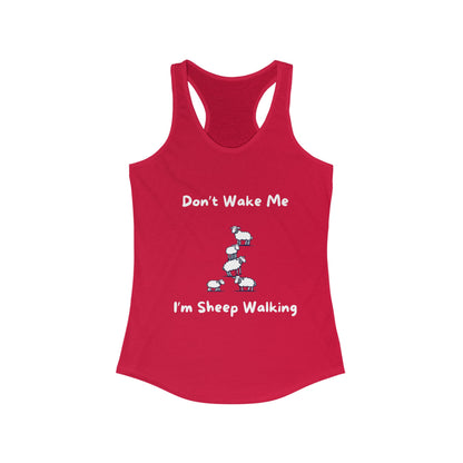 Red funny sheep tank top from Printify with humorous sheep walking design and text