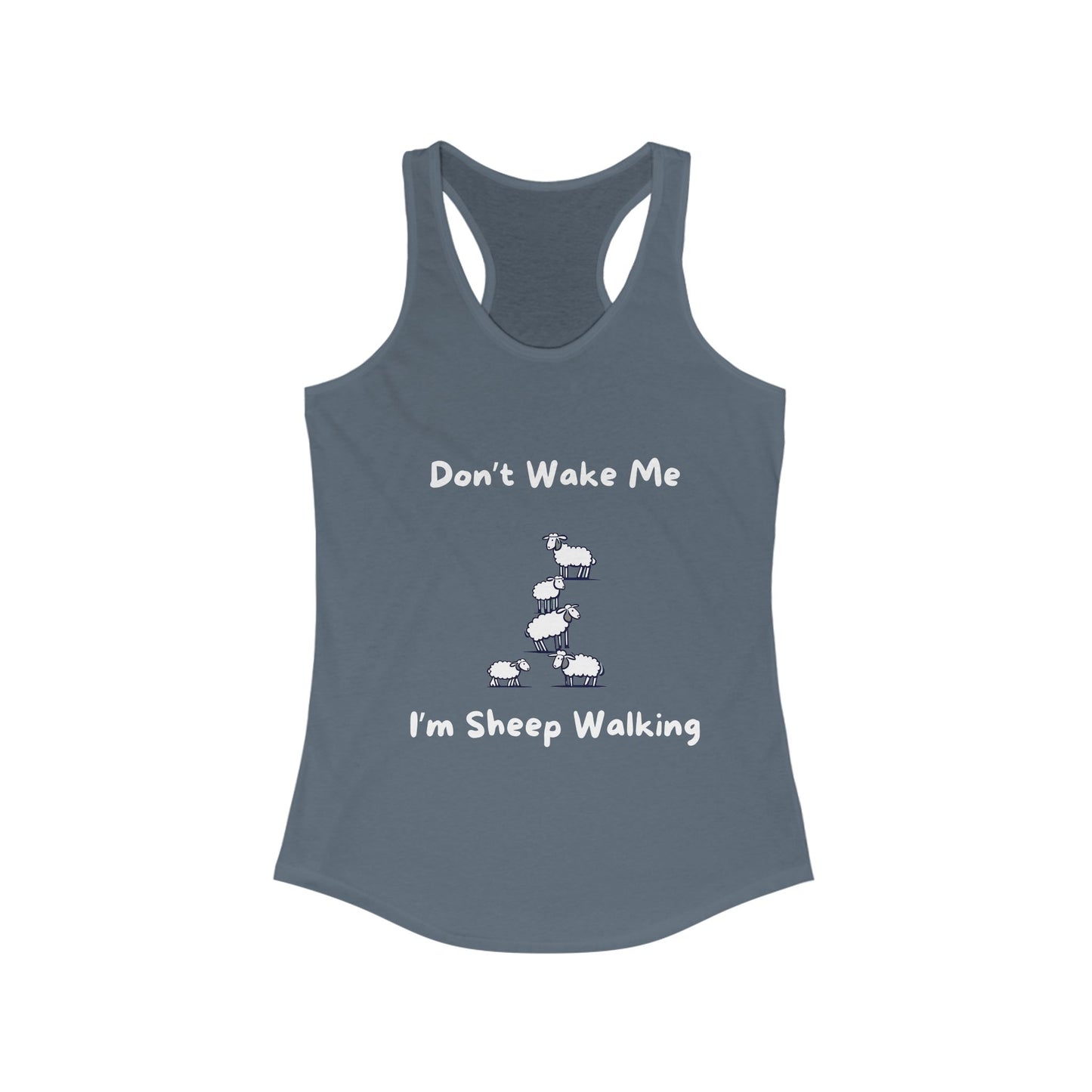 Funny sheep tank top in gray with humorous sheep walking design and text print