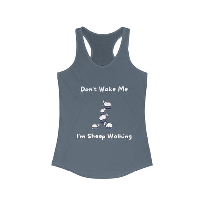 Funny sheep tank top in gray with humorous sheep walking design and text print