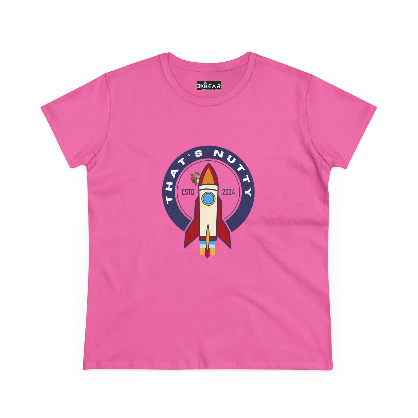 Pink funny space graphic shirt featuring a colorful rocket and that’s nutty text design