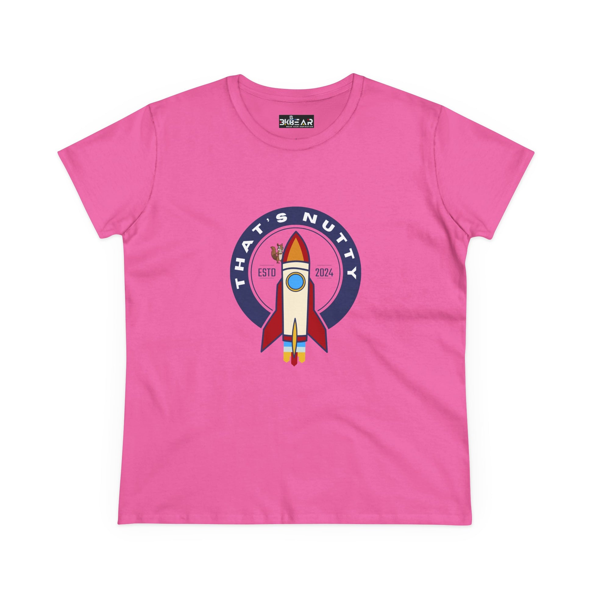 Pink funny space graphic shirt featuring a colorful rocket and that’s nutty text design