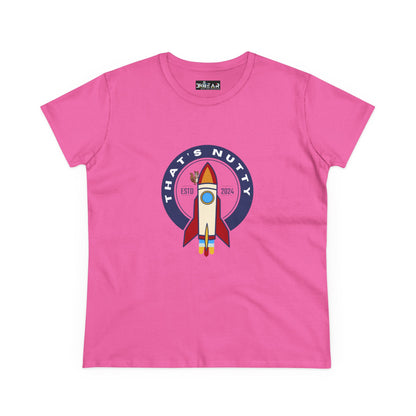 Pink funny space graphic shirt featuring a colorful rocket and that’s nutty text design