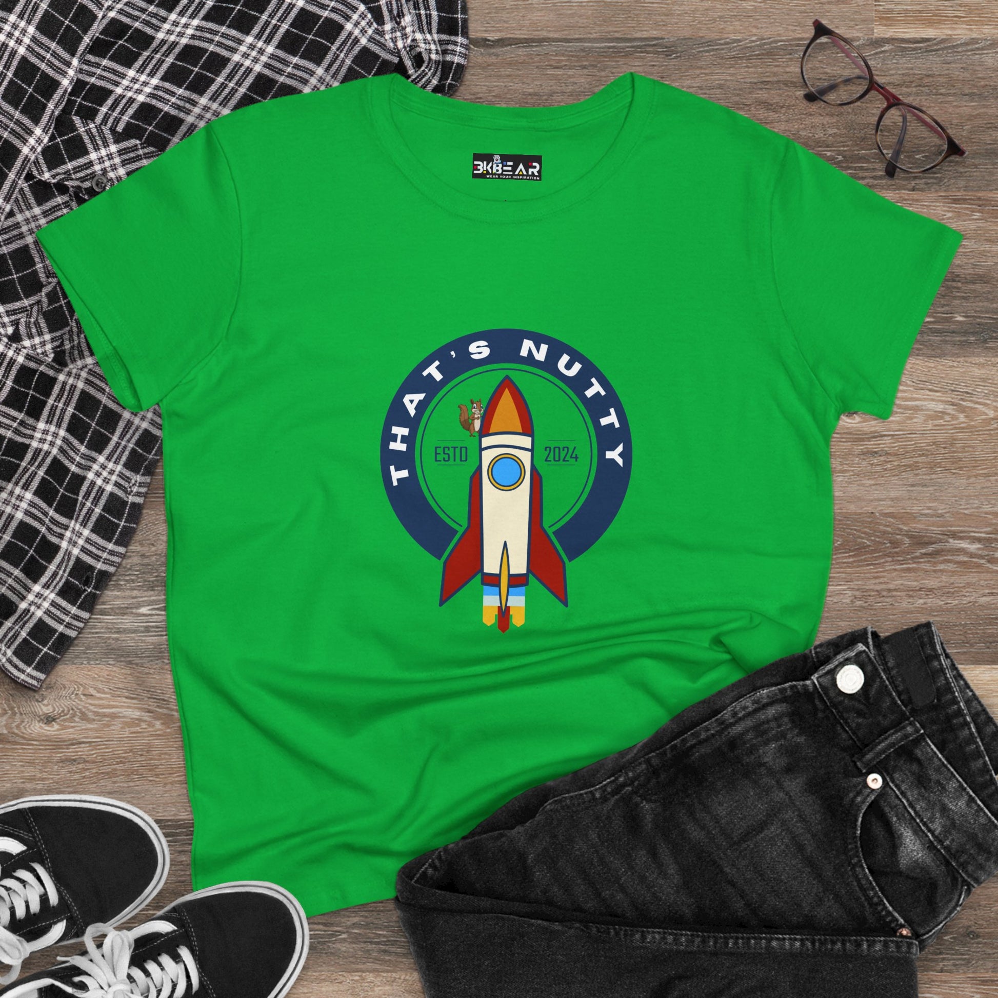 Green funny space graphic shirt with rocket and Thats Nutty text printed on front
