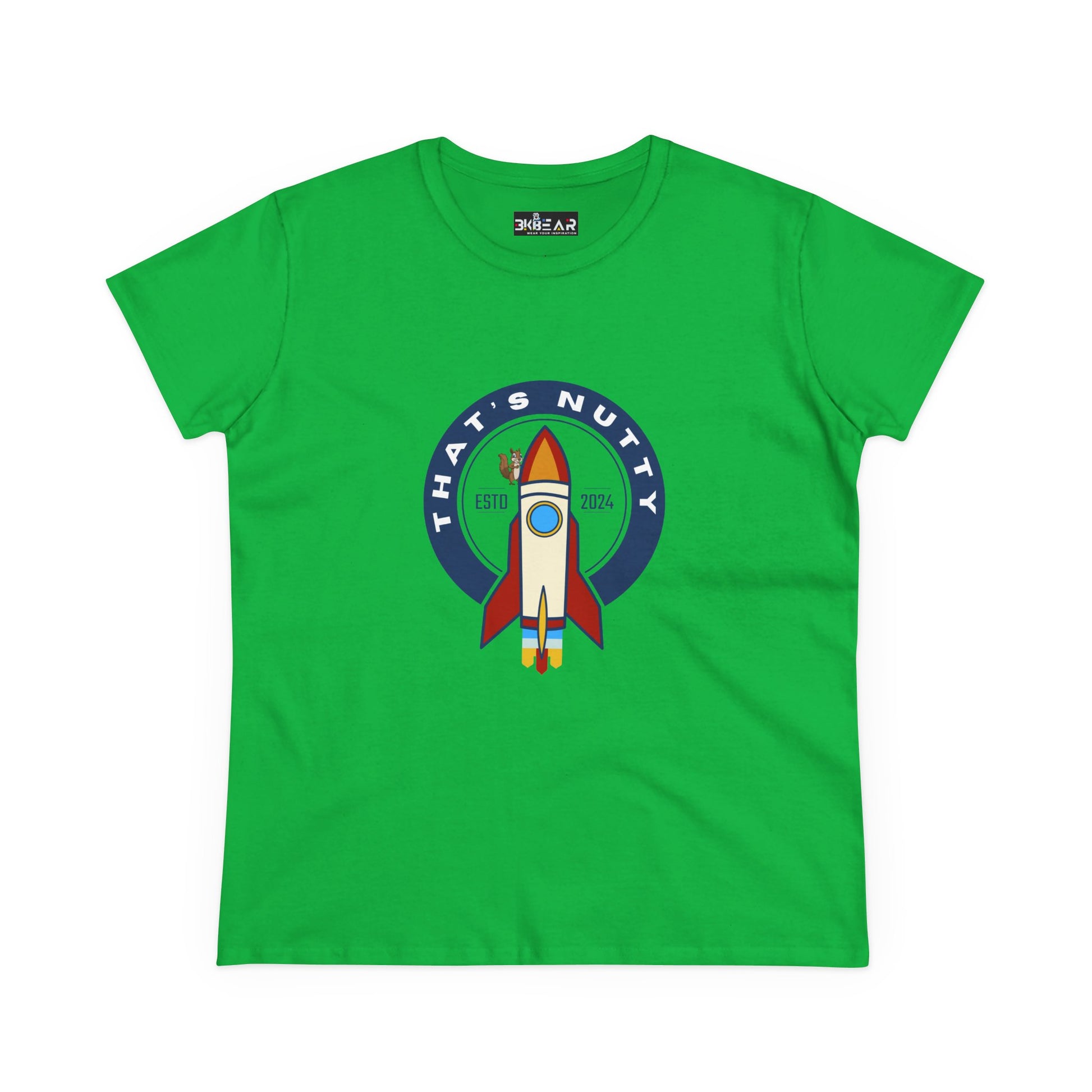 Green Printify T-shirt with funny space graphic shirt rocket design and That's Nutty text