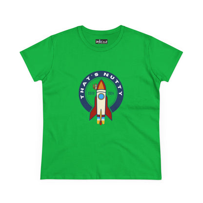 Green Printify T-shirt with funny space graphic shirt rocket design and That's Nutty text