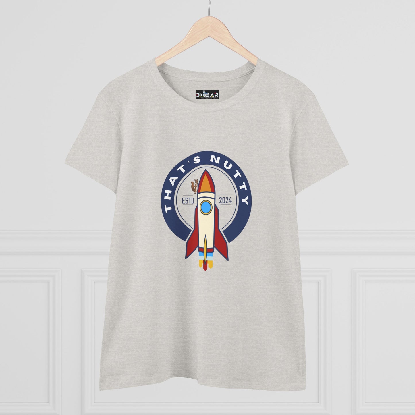 Printify funny space graphic shirt with rocket and Thats Nutty design on light gray T-shirt