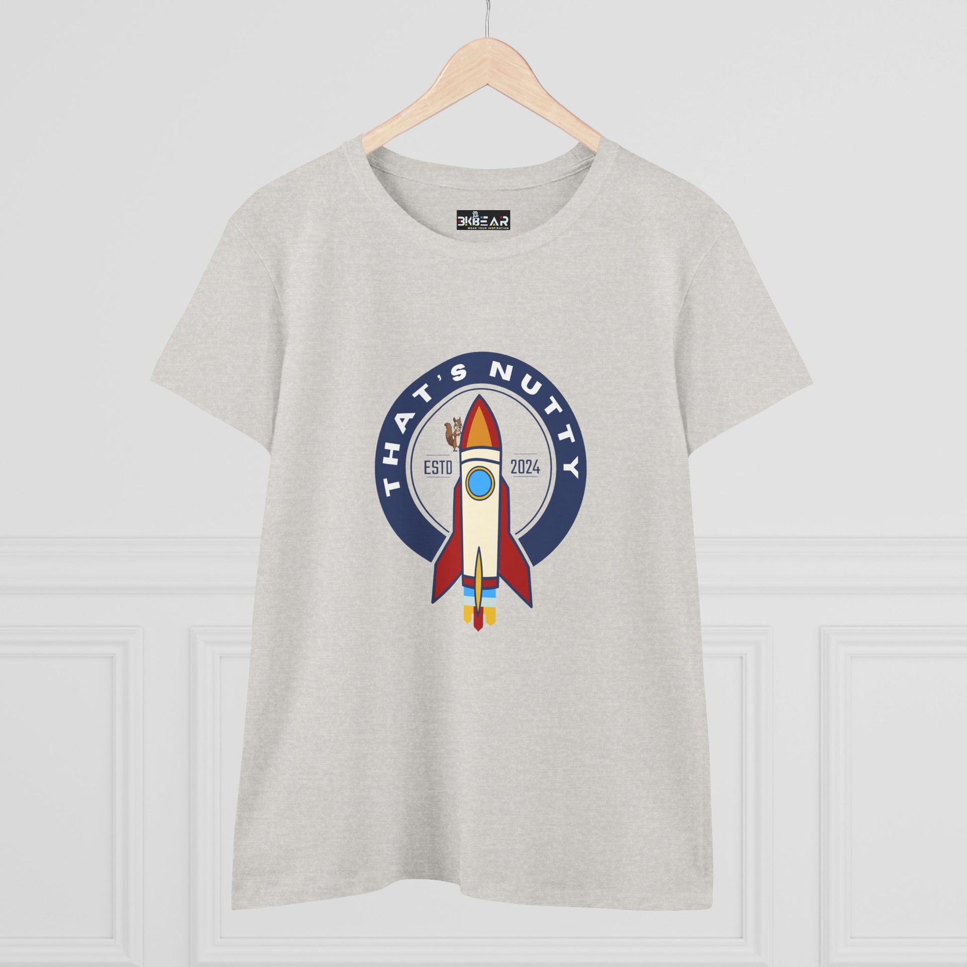 Printify funny space graphic shirt with rocket and Thats Nutty design on light gray T-shirt