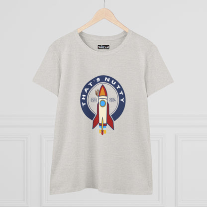 Printify funny space graphic shirt with rocket and Thats Nutty design on light gray T-shirt