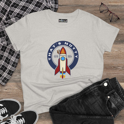 Printify funny space graphic shirt with rocket design and Thats Nutty text in blue and red