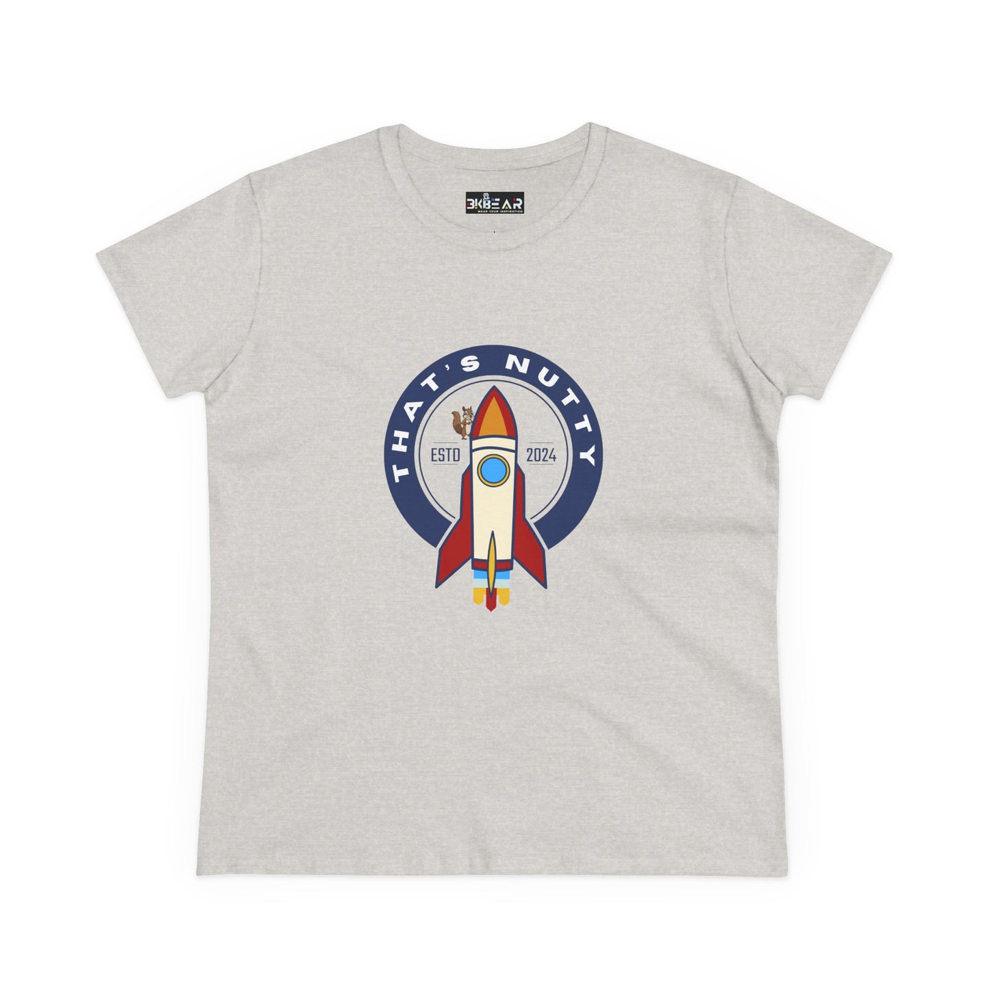 Printify funny space graphic shirt with rocket and Thats Nutty text on gray t-shirt