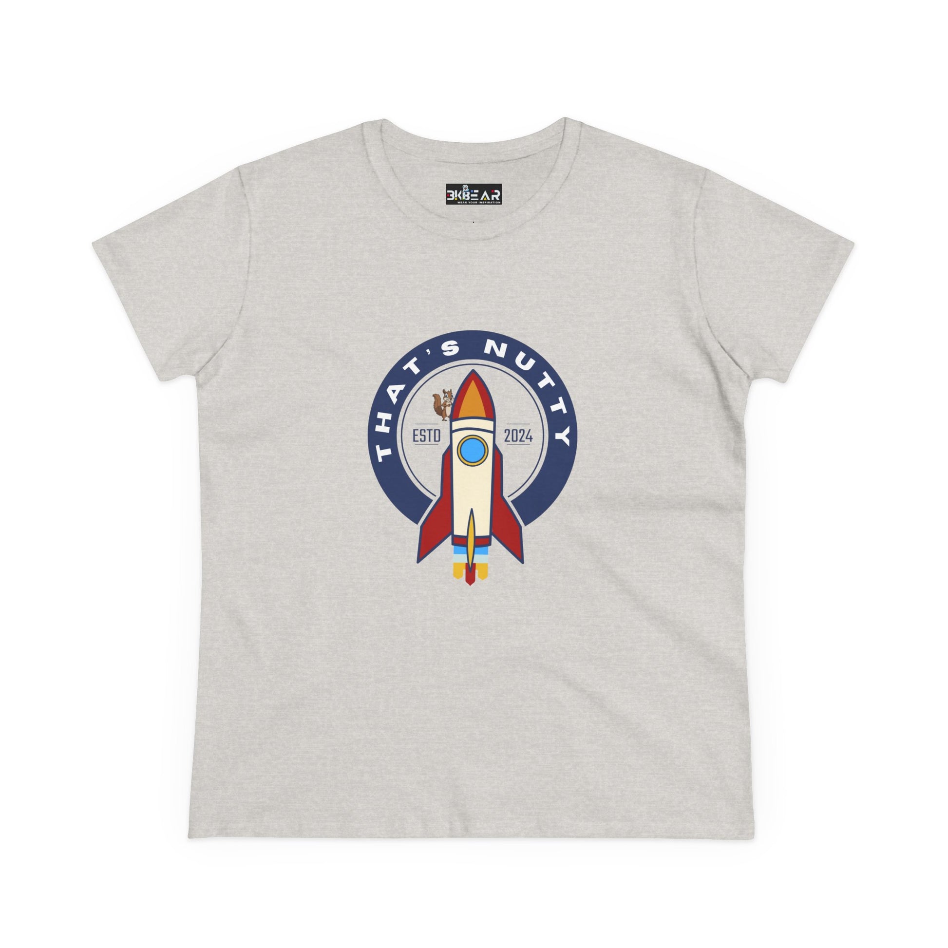 Printify funny space graphic shirt with rocket and Thats Nutty text on gray t-shirt