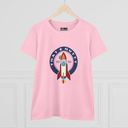 Pink Printify t-shirt featuring a funny space graphic shirt design with a rocket and text on front