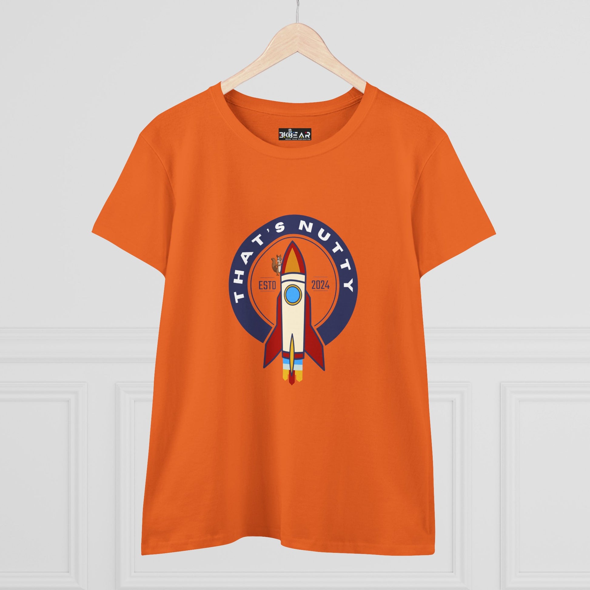 Orange funny space graphic shirt with rocket and Thats Nutty text printed by Printify