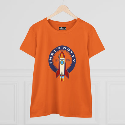 Orange funny space graphic shirt with rocket and Thats Nutty text printed by Printify