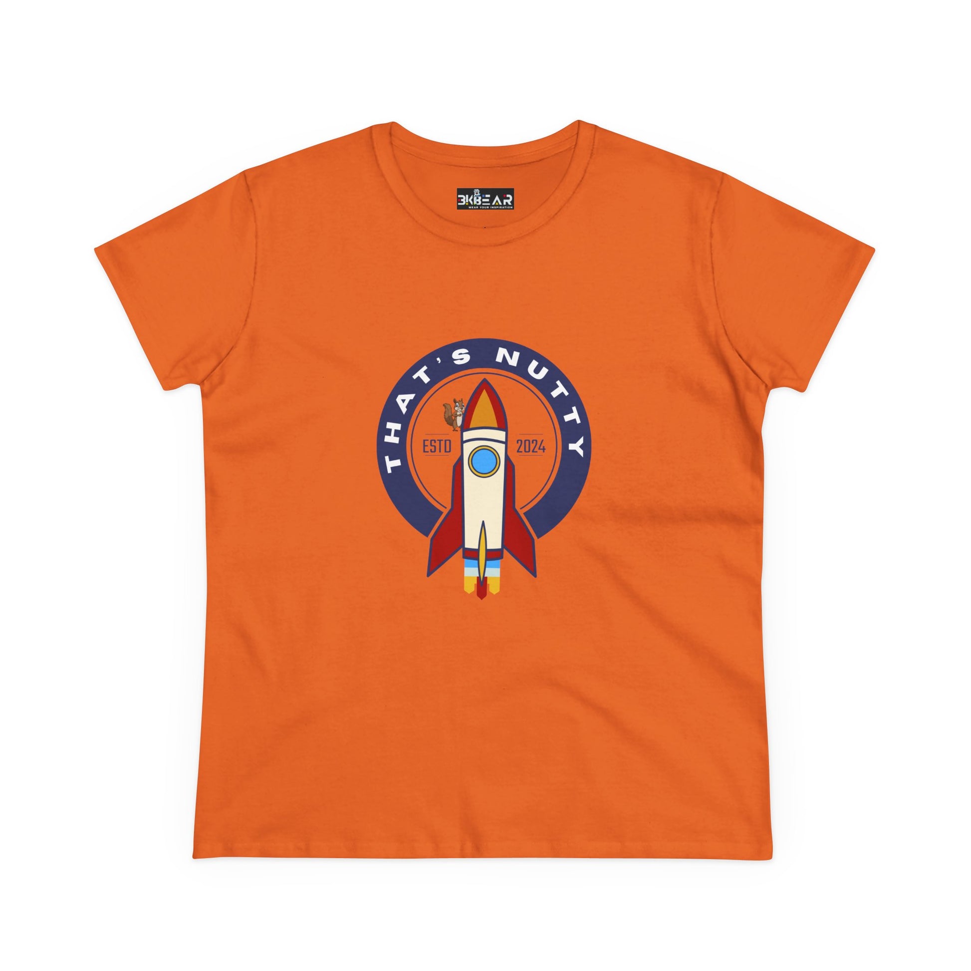 Orange funny space graphic shirt with rocket and Thats Nutty text printed on front