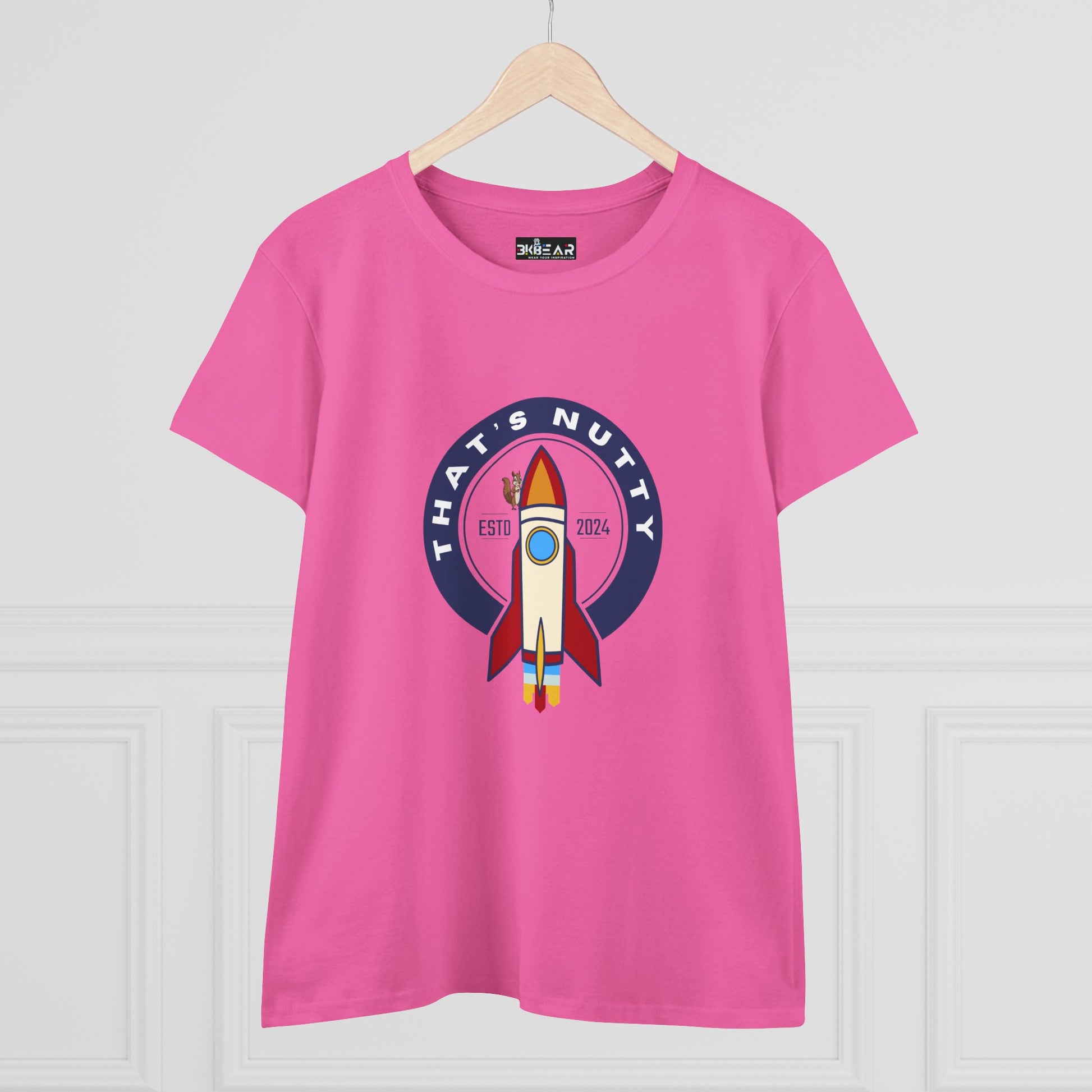 Pink funny space graphic shirt with rocket and Thats Nutty design by Printify