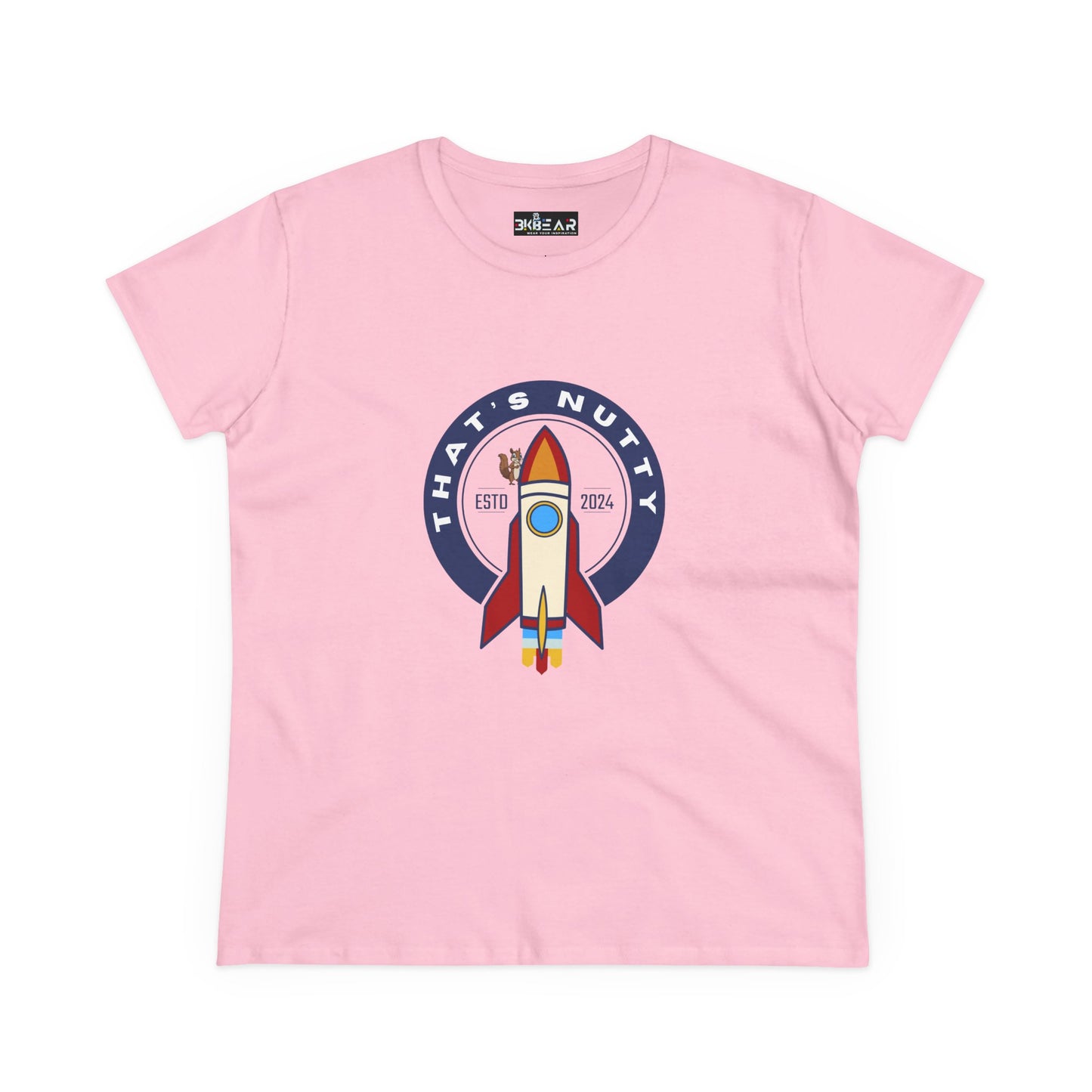 Pink Printify T-shirt featuring a funny space graphic shirt with rocket and text design