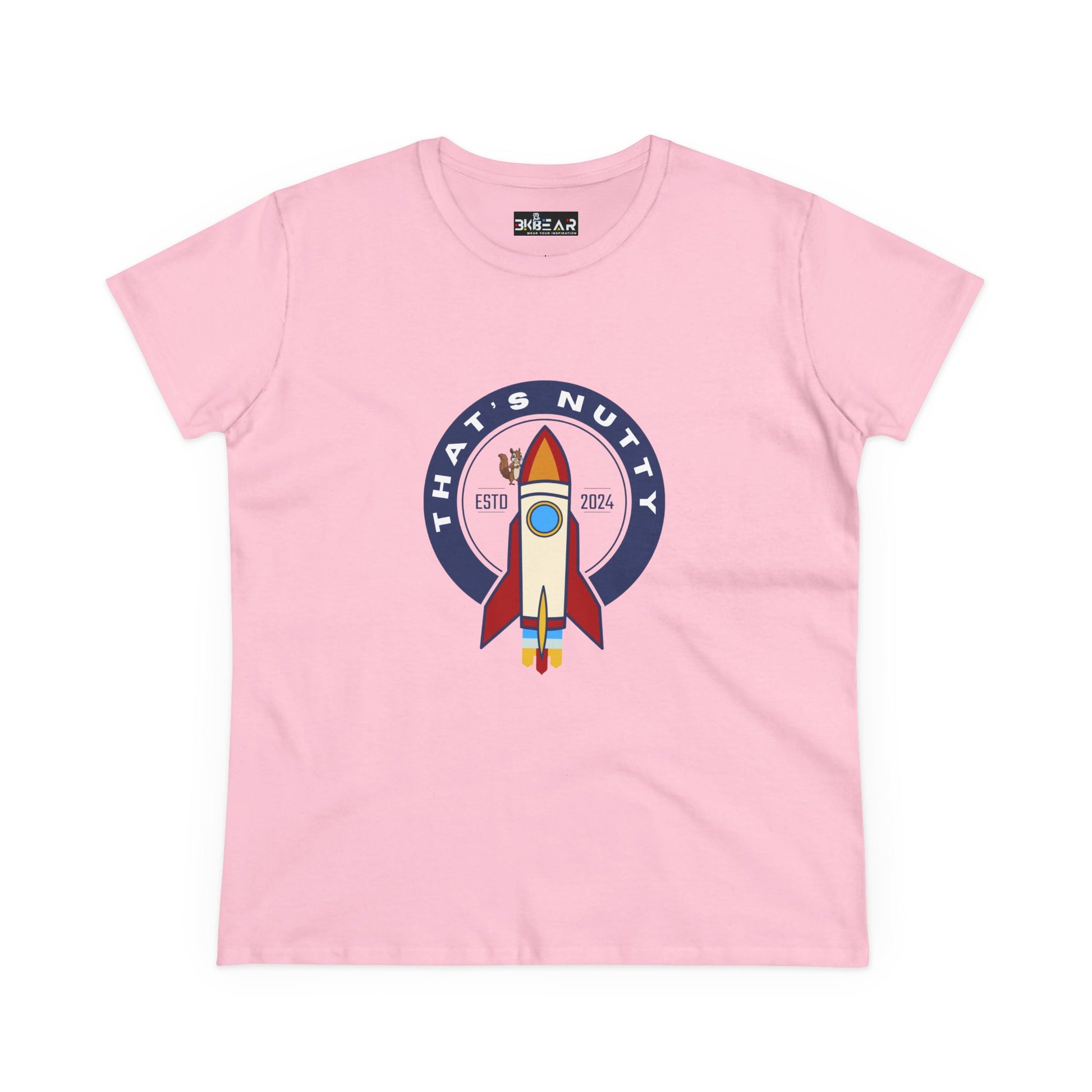 Pink Printify T-shirt featuring a funny space graphic shirt with rocket and text design