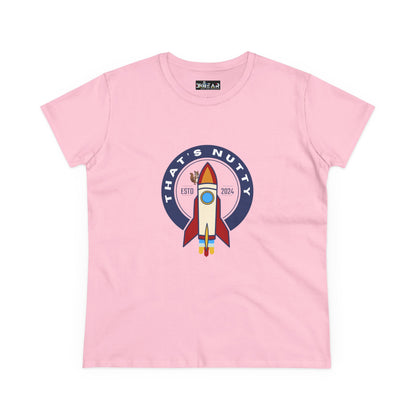 Pink Printify T-shirt featuring a funny space graphic shirt with rocket and text design