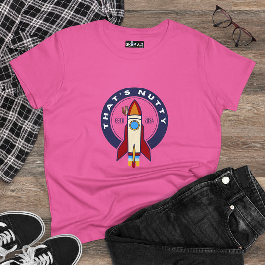 Pink funny space graphic shirt with colorful rocket design and that’s nutty text by Printify