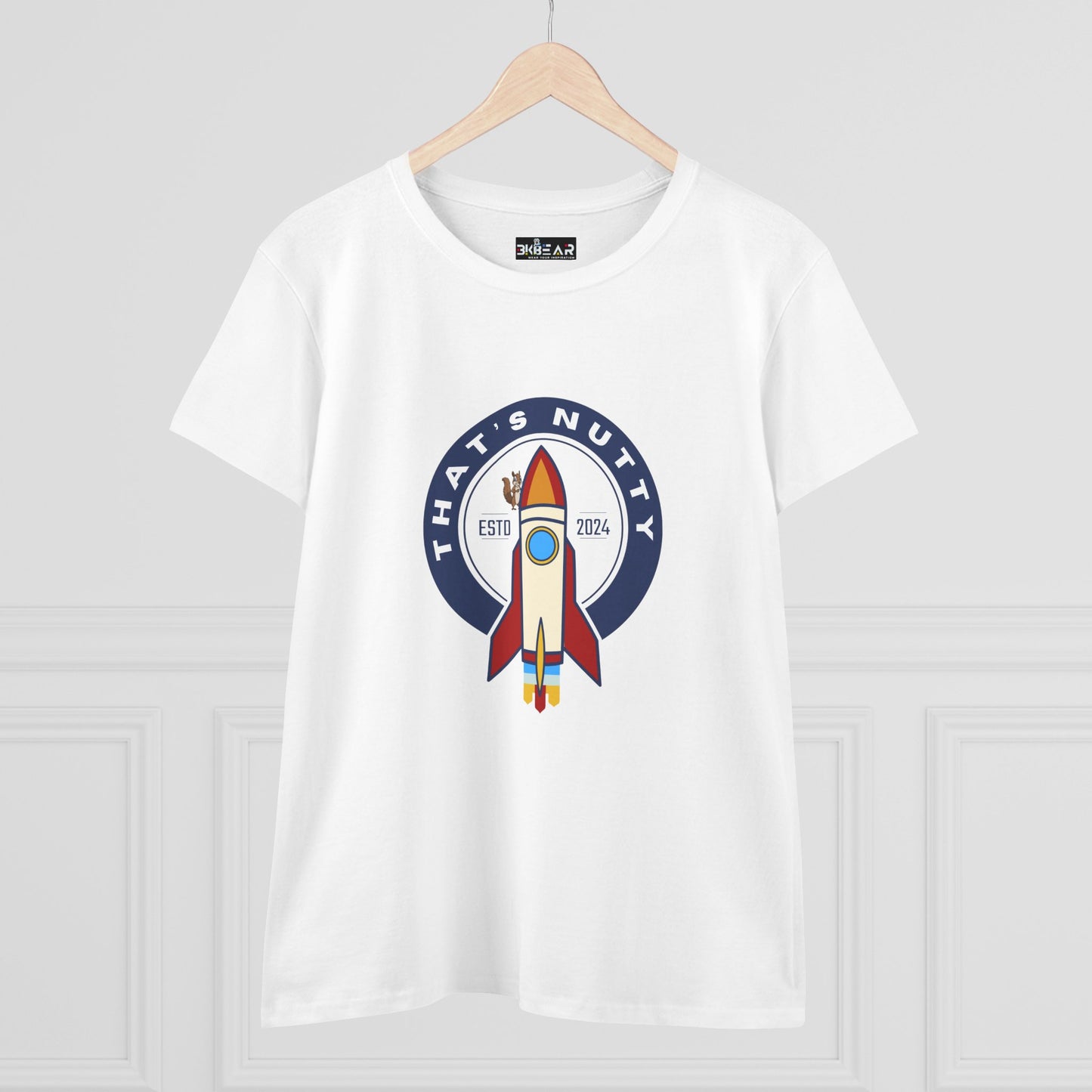 White Printify T-Shirt with funny space graphic shirt featuring a retro rocket and the text That’s Nutty