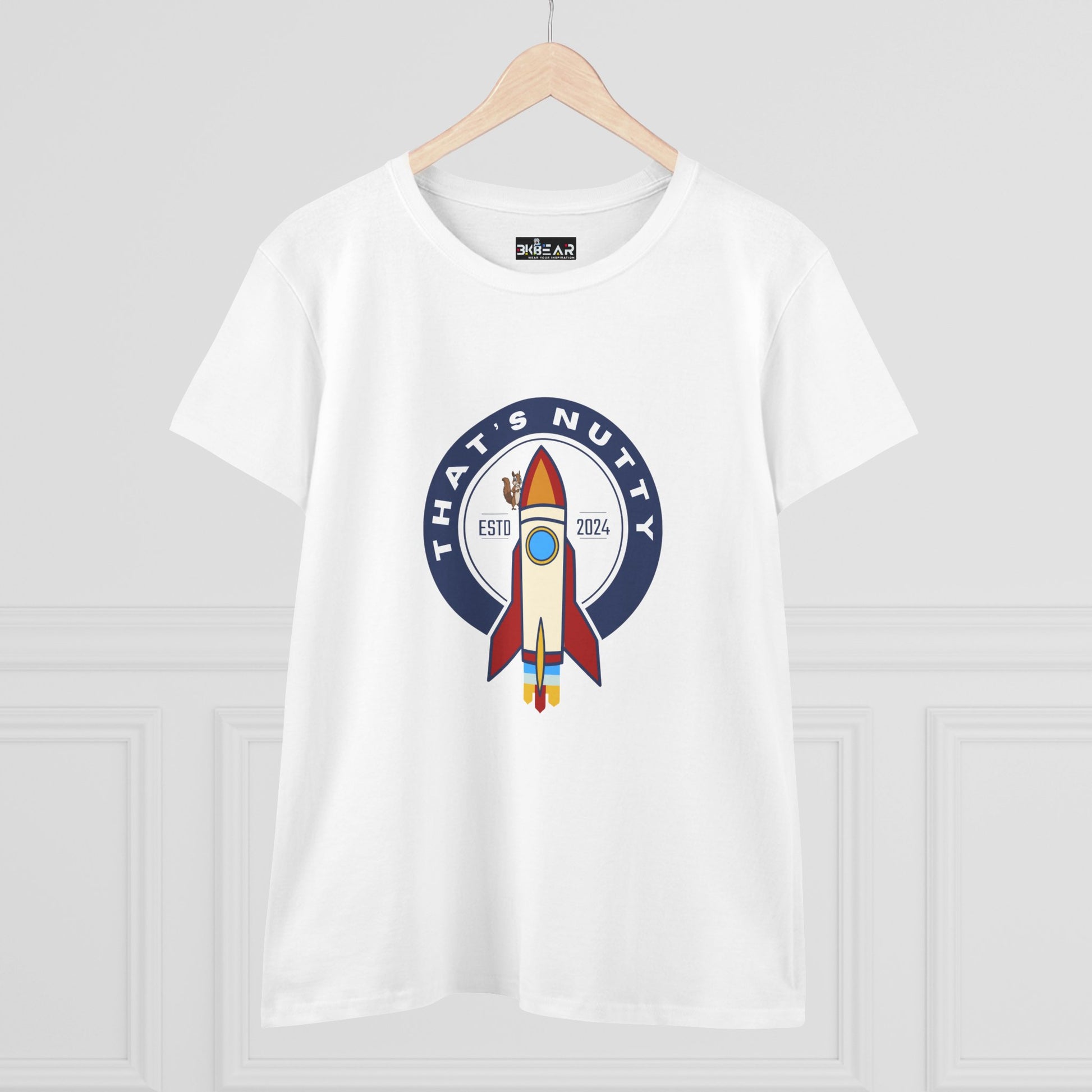 White Printify T-Shirt with funny space graphic shirt featuring a retro rocket and the text That’s Nutty