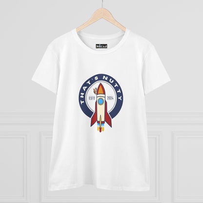 White Printify T-Shirt with funny space graphic shirt featuring a retro rocket and the text That’s Nutty
