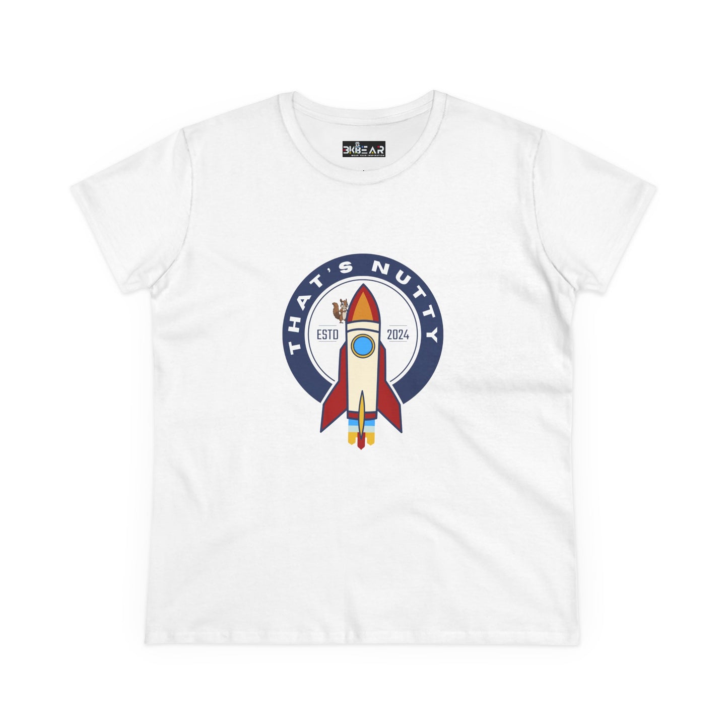 White Printify funny space graphic shirt with rocket and That's Nutty text design