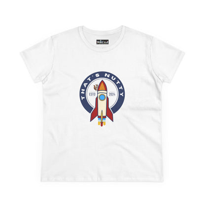 White Printify funny space graphic shirt with rocket and That's Nutty text design