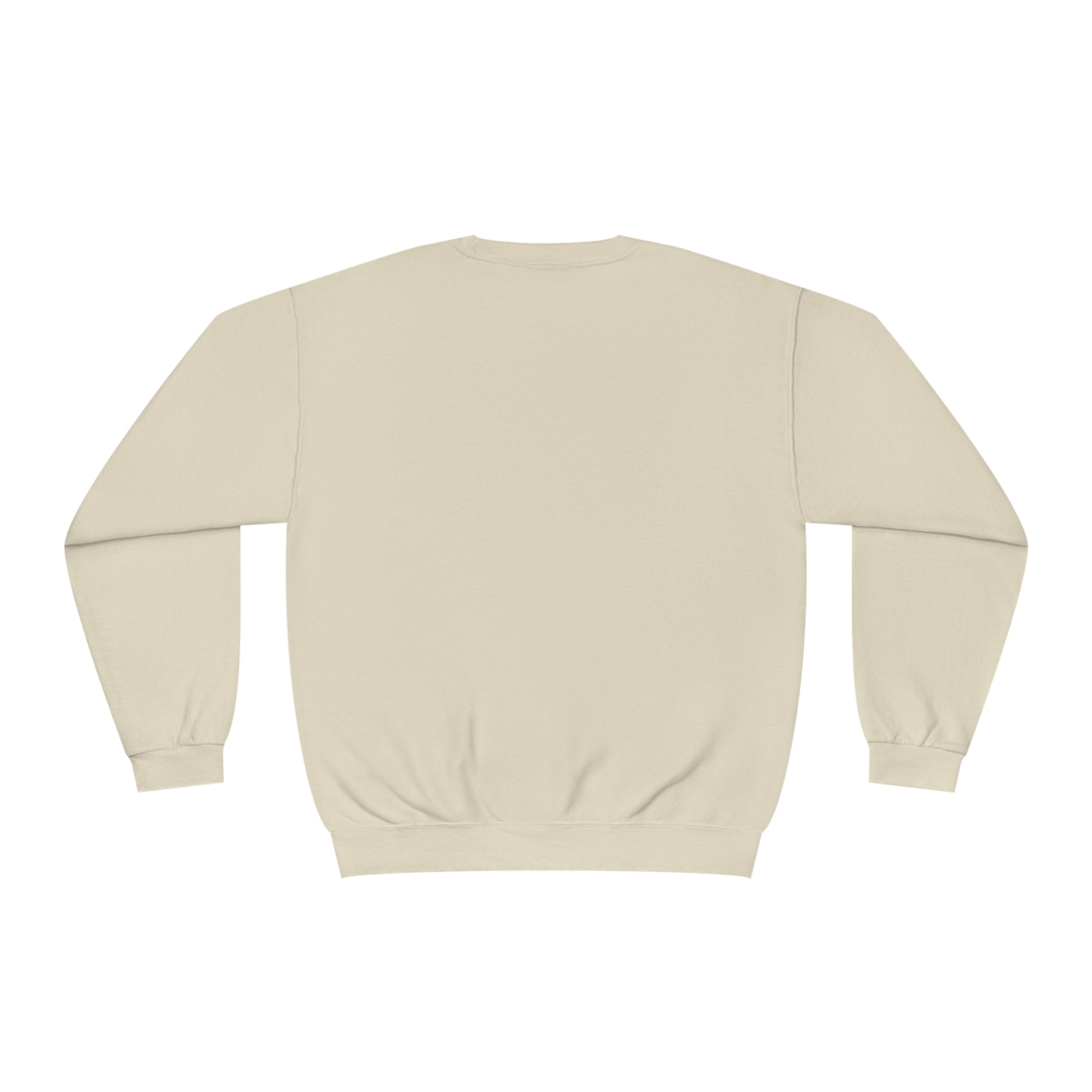 Plain beige sweatshirt from Printify shown from the back, perfect base for a funny sweat shirt design