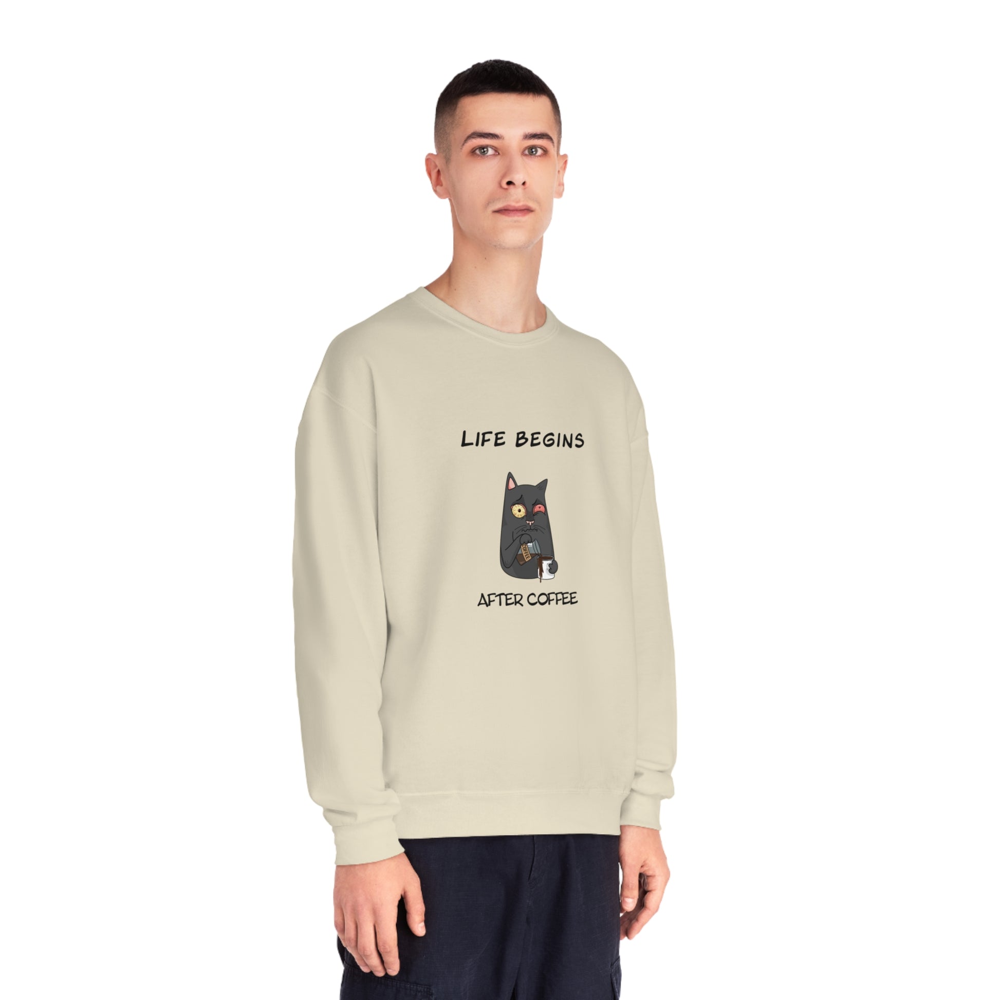 Printify beige funny sweat shirt with cat and coffee design worn by male model