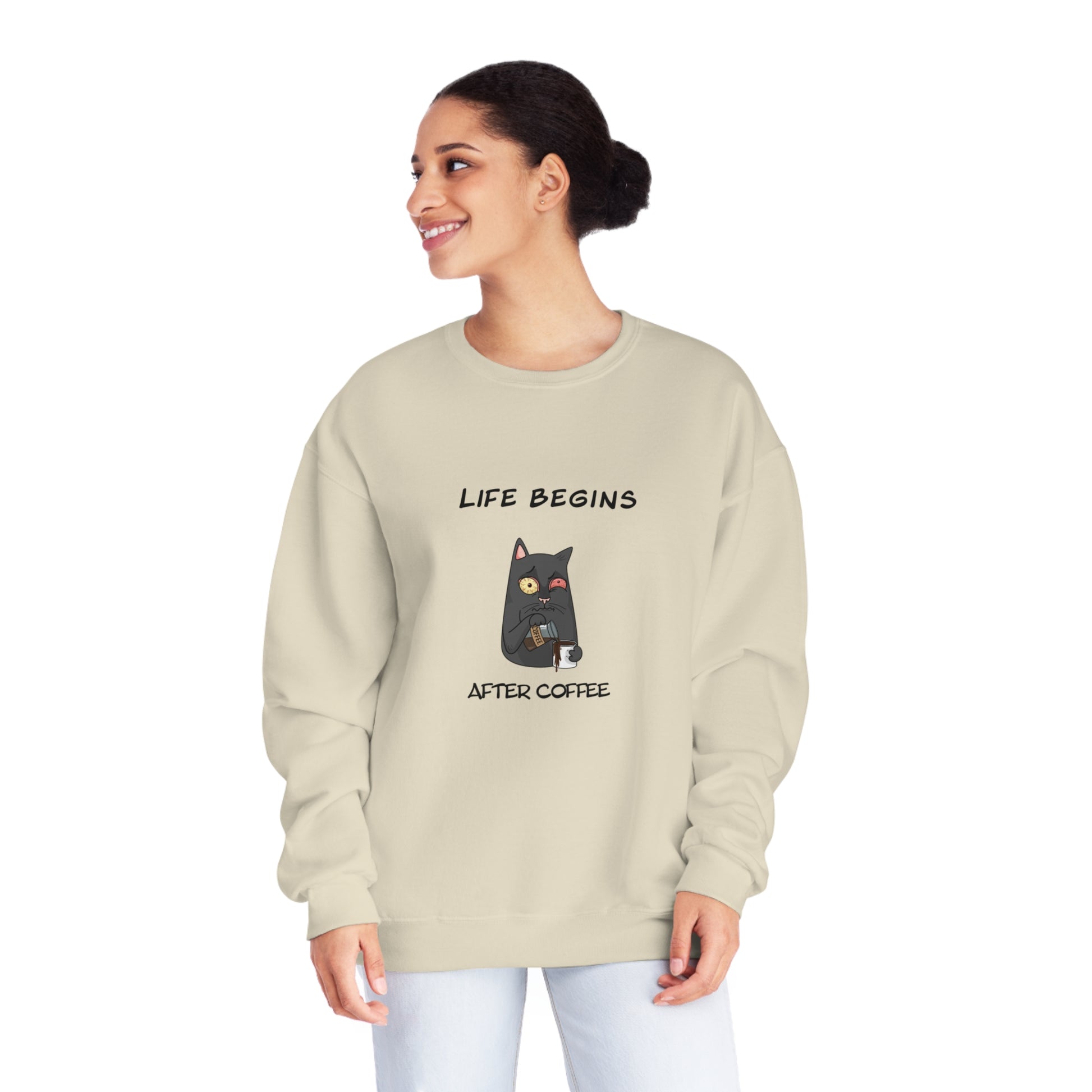 Printify funny sweat shirt with Life Begins After Coffee cat graphic in beige worn by smiling woman