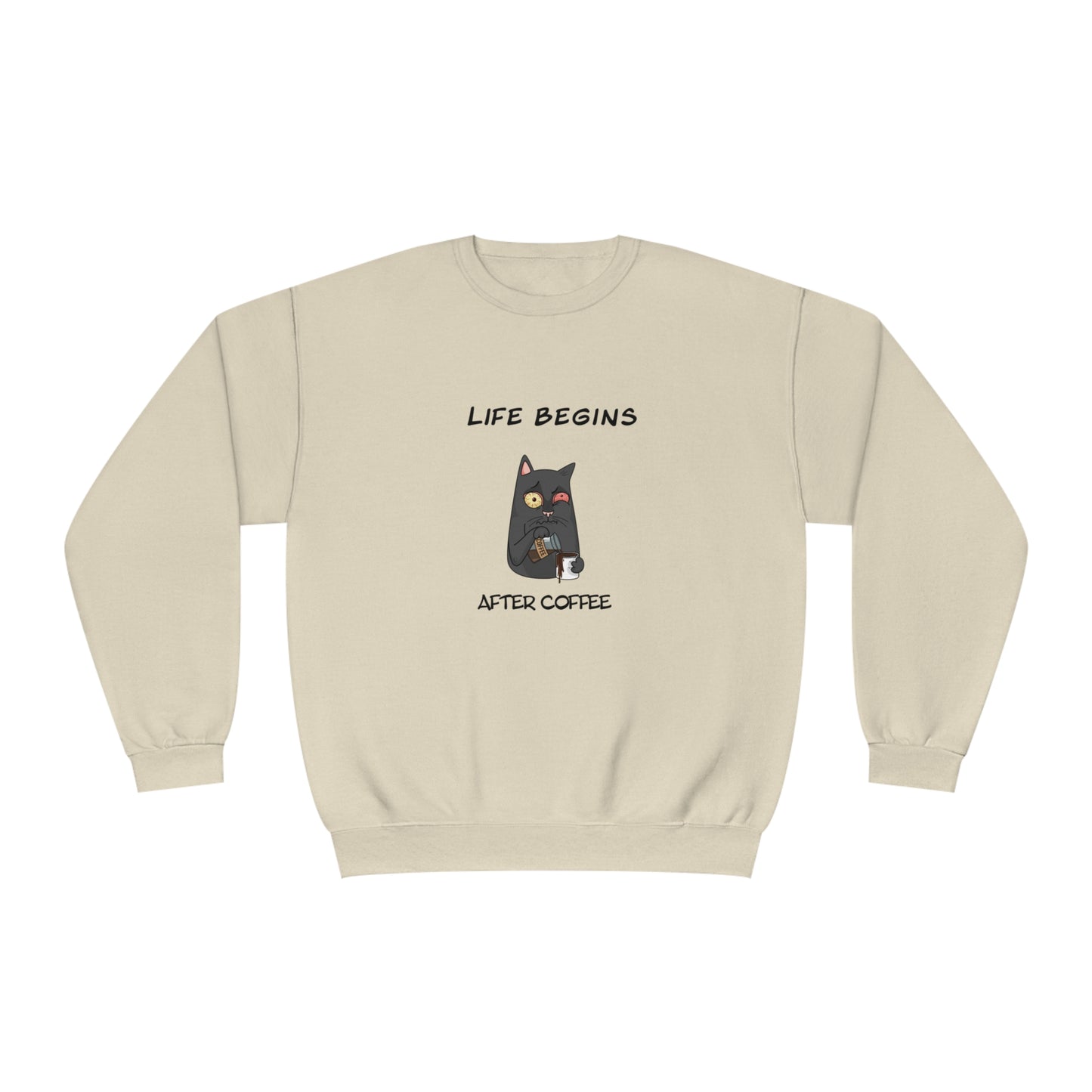 Printify funny sweat shirt beige with coffee-themed cat graphic and Life Begins After Coffee text