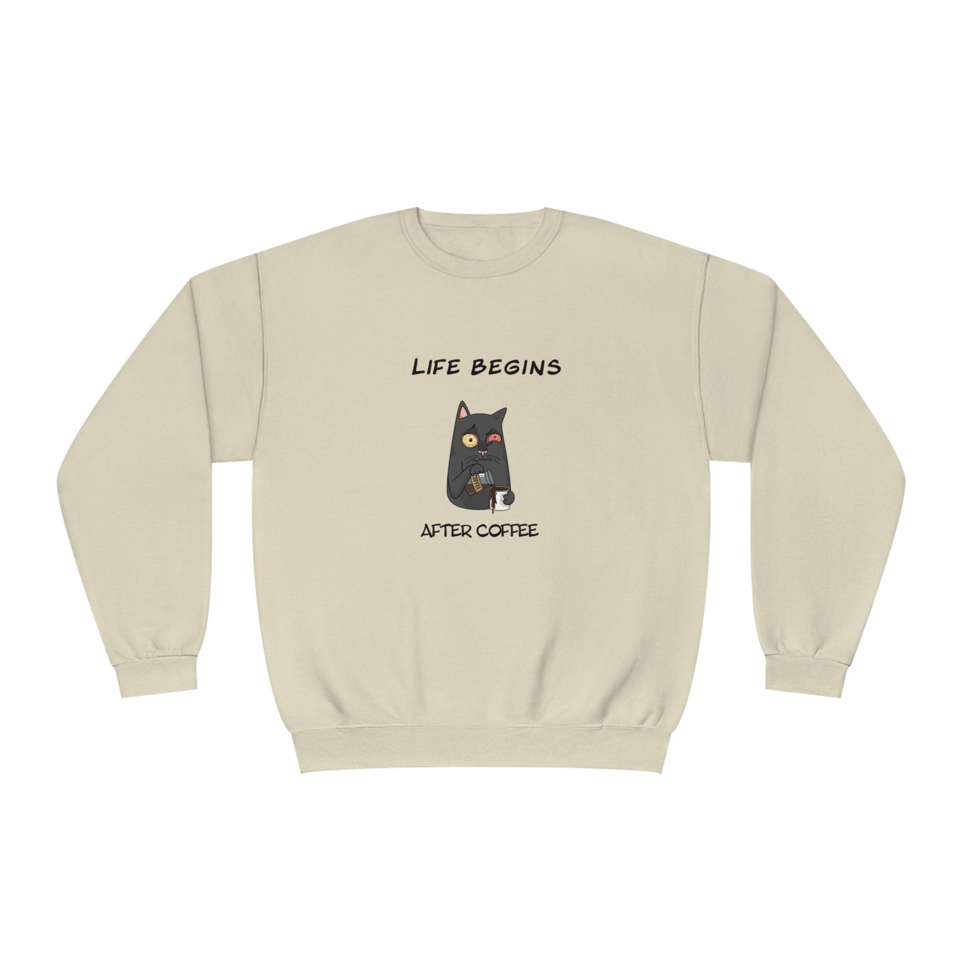 Printify funny sweat shirt beige with coffee-themed cat graphic and Life Begins After Coffee text
