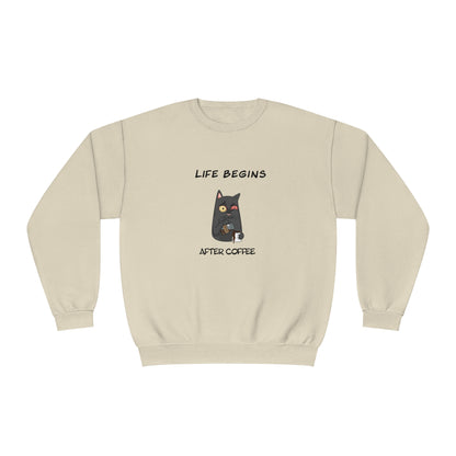 Printify funny sweat shirt beige with coffee-themed cat graphic and Life Begins After Coffee text