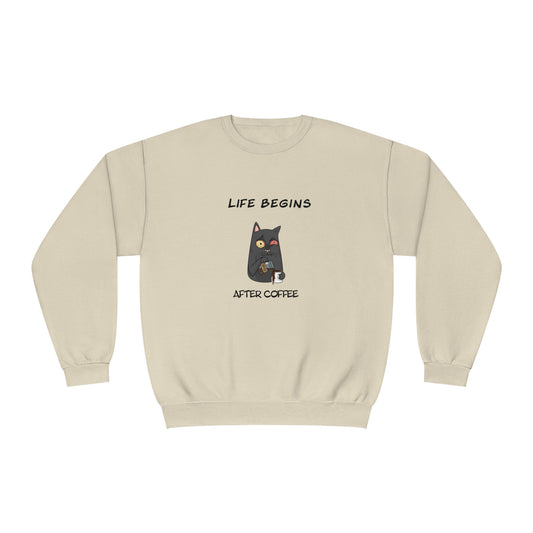 Printify funny sweat shirt beige with coffee-themed cat graphic and Life Begins After Coffee text