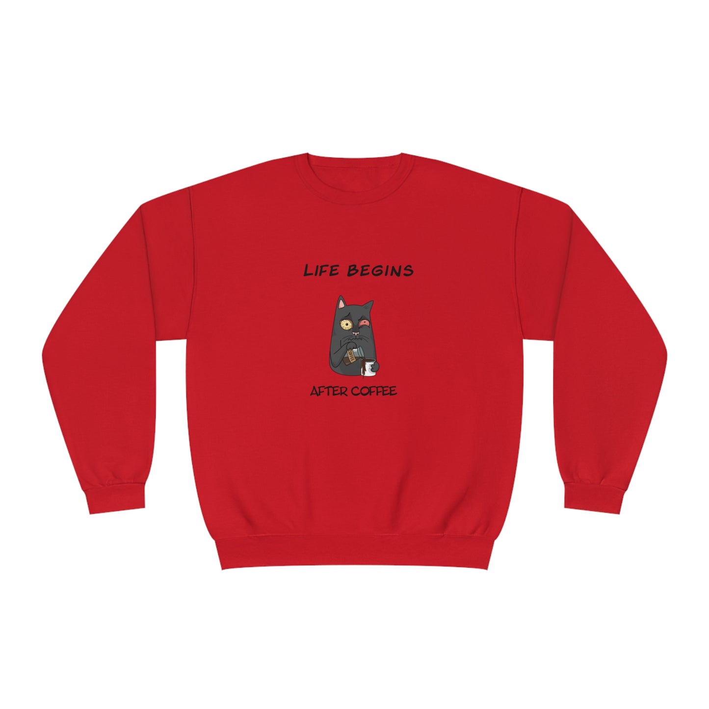 Red Printify sweatshirt with funny sweat shirt design featuring a cat and coffee quote