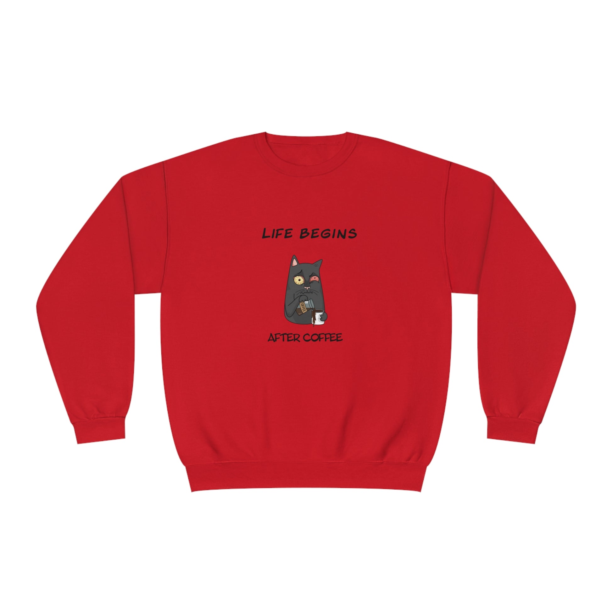 Red Printify sweatshirt with funny sweat shirt design featuring a cat and coffee quote