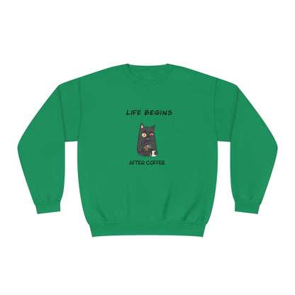 Green Printify funny sweat shirt with a cat holding coffee and text life begins after coffee