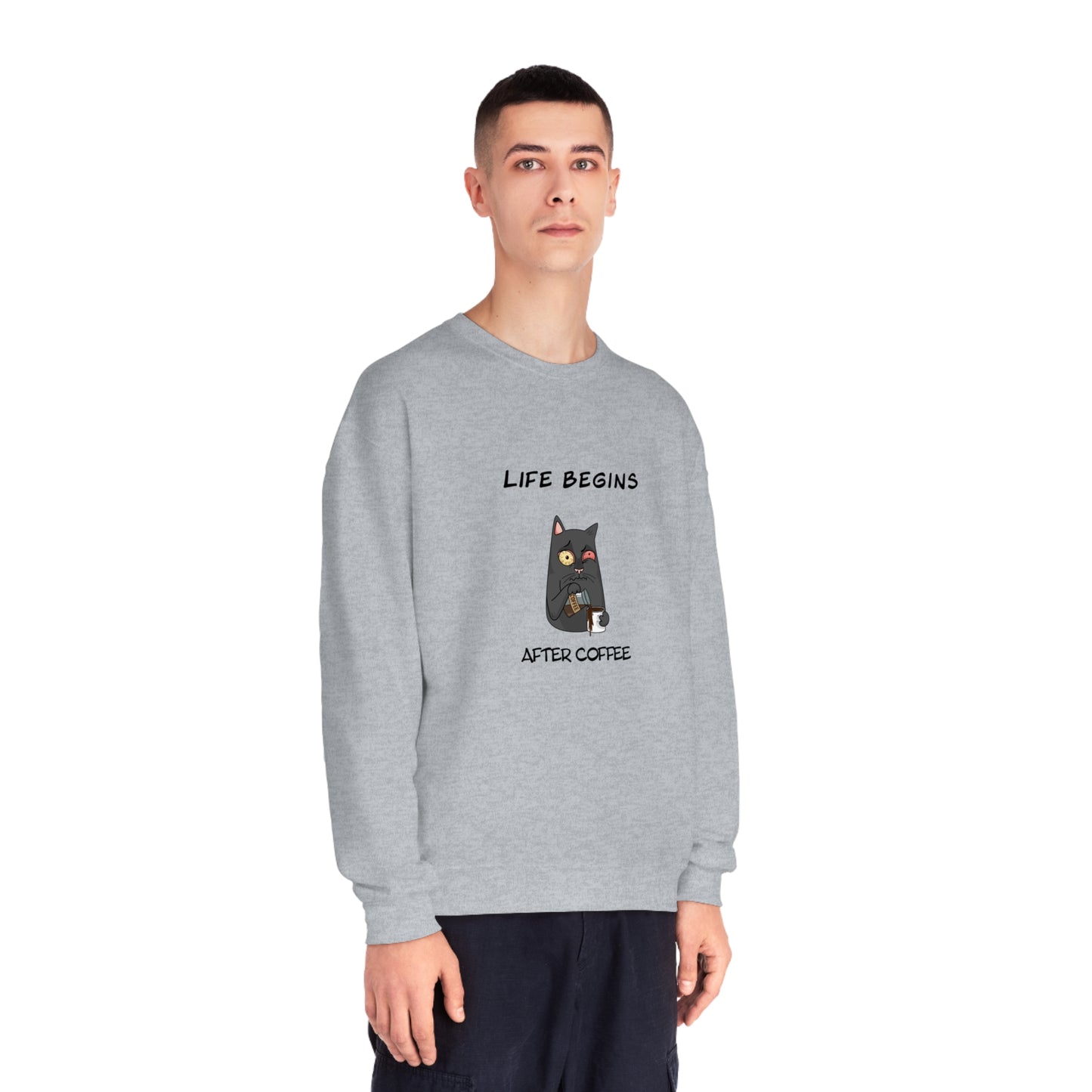 Printify gray funny sweat shirt with cat and coffee graphic saying life begins after coffee