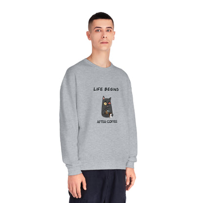 Printify gray funny sweat shirt with cat and coffee graphic saying life begins after coffee