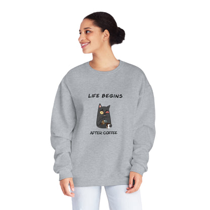 Printify gray funny sweat shirt with cat and coffee design saying life begins after coffee