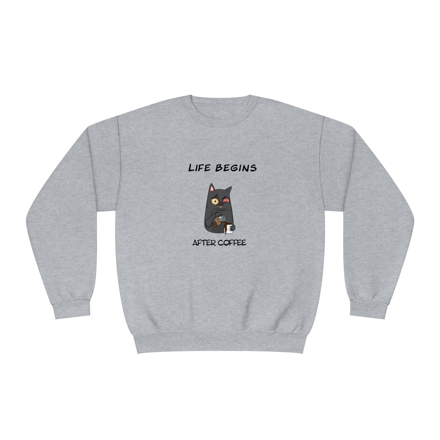 Printify gray funny sweat shirt with cat holding coffee and text life begins after coffee