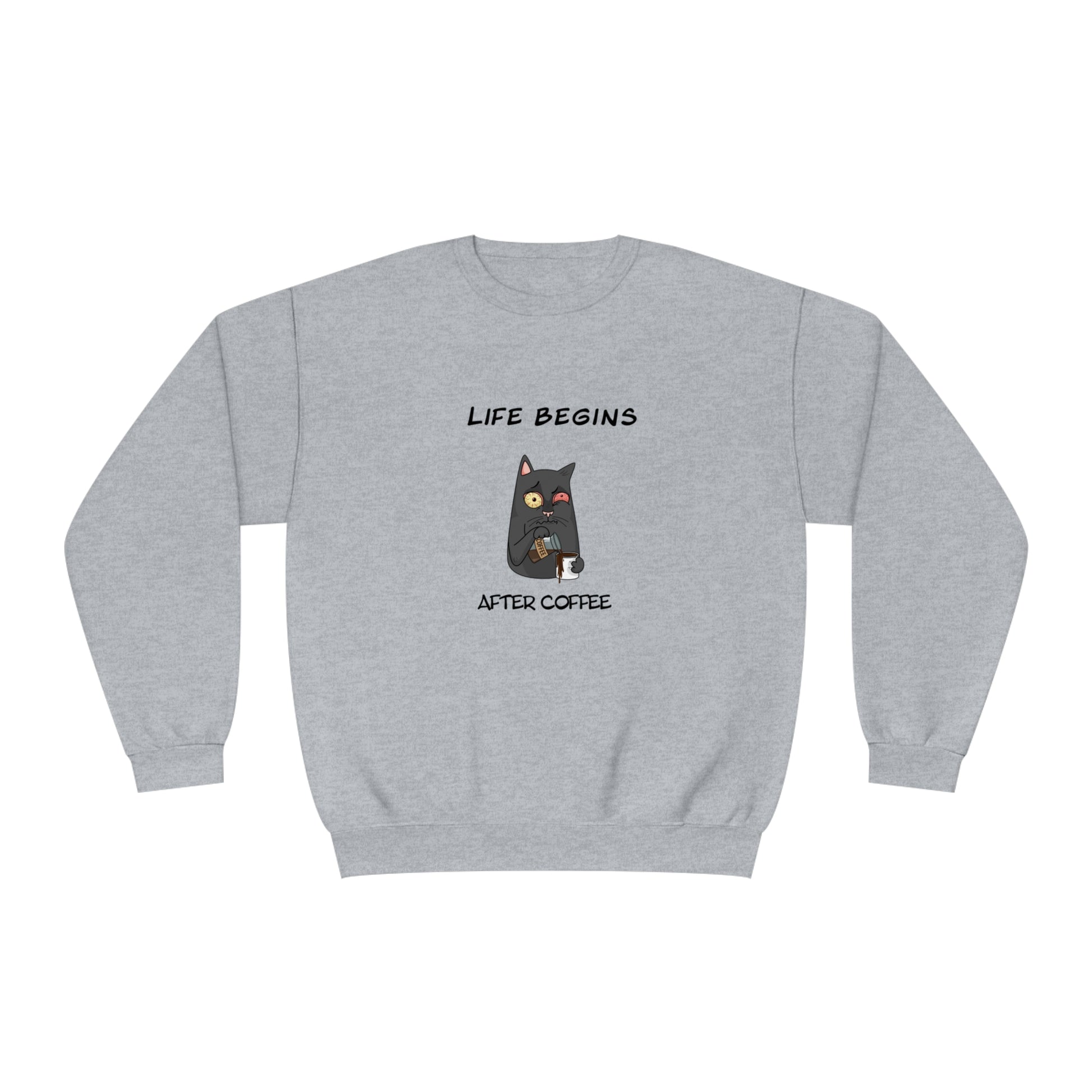 Printify gray funny sweat shirt with cat holding coffee and text life begins after coffee