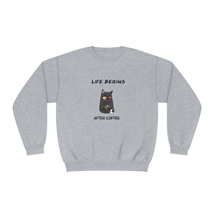 Printify gray funny sweat shirt with cat holding coffee and text life begins after coffee