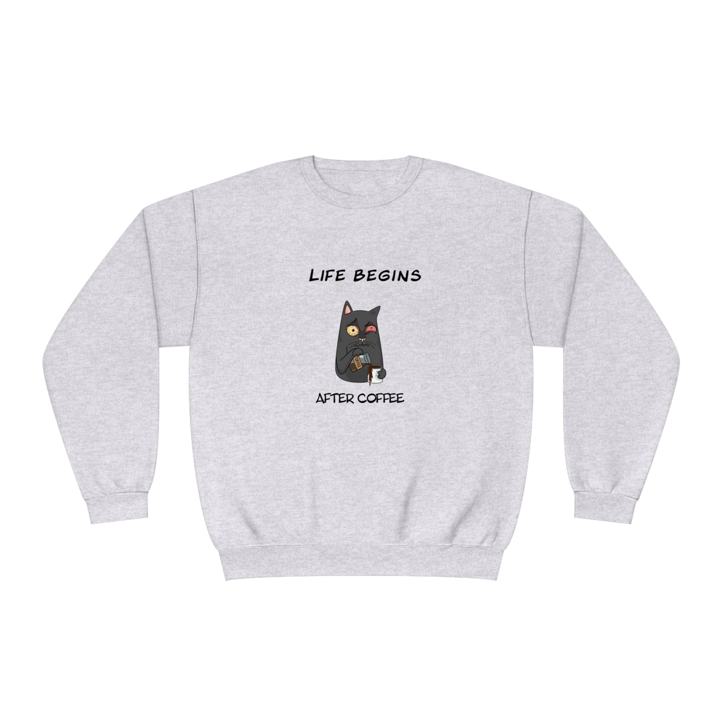 Printify gray funny sweat shirt with cartoon cat and Life Begins After Coffee text